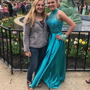 Blue 2-Piece Prom Dress with Slit